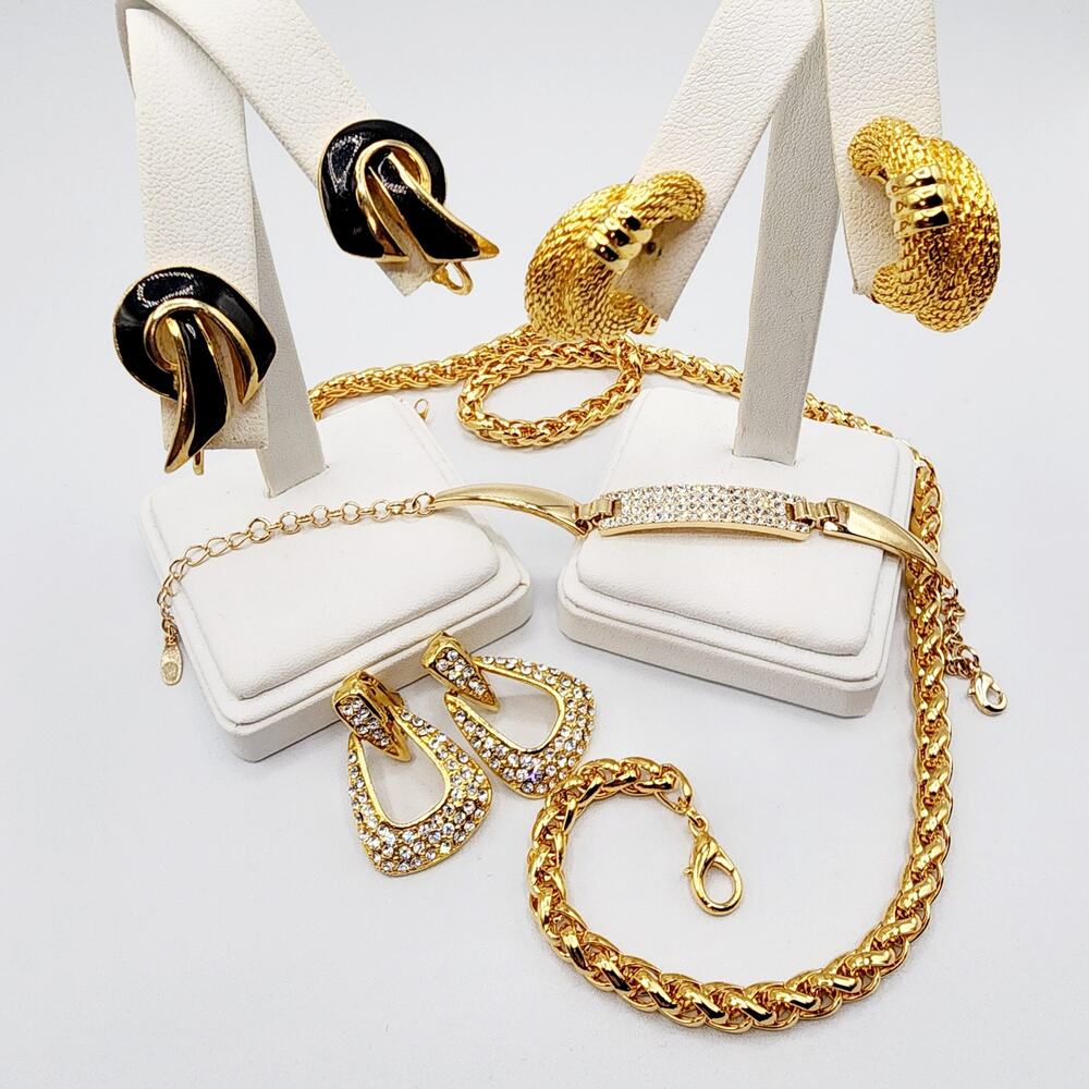 80s 90s Office Chic Jewelry Lot Gold Tone Necklace Bracelet Earrings Set Bold